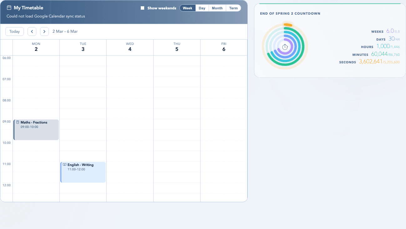 PrimaryAI dashboard showing weekly timetable and planning tools