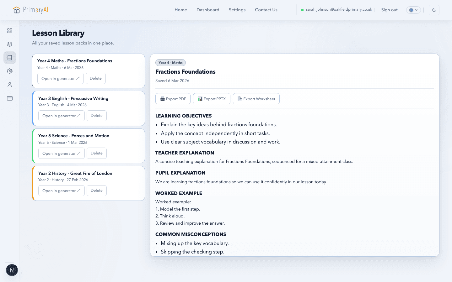 PrimaryAI library showing saved lesson packs, documents and notes